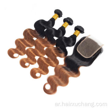 موجة الجسم OMBRE T1B 30 Virgin Peruvian Hush Hair Seft 3 حزم وإغلاق 100 ٪ تمديد الشعر REMY